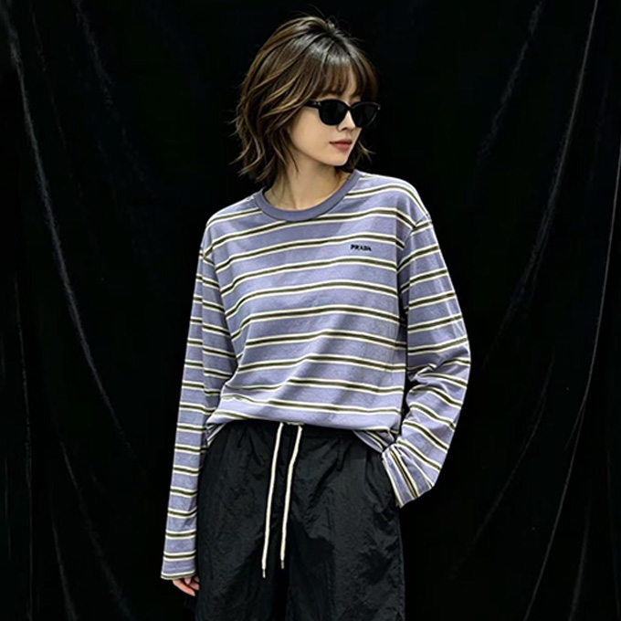 prada embroidered logo striped long sleeve top